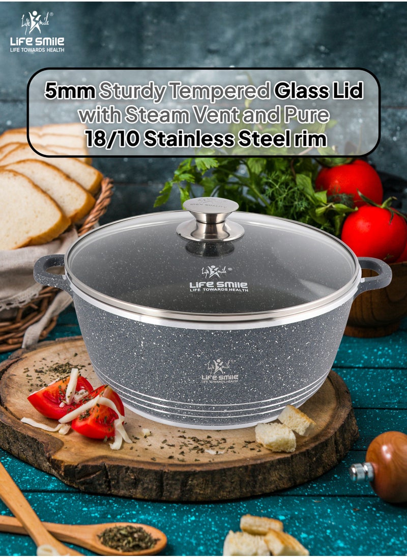 Life Smile Nonstick Cookware Set 8 pcs Cookwares with Stainless steel rim-Oven safe Pots and Pans set-Granite Coating Cooking Pots set Includes 20cmx2.3L Casserole with Lid ,24cmx4.1L Casserole with Lid, 28cmx6.7LCasserole with Lid, , & 2pcs Silicone Utensils Contains 32x8.5cm Soup ladle & 34.5x10cm Skimmer  - Image 5