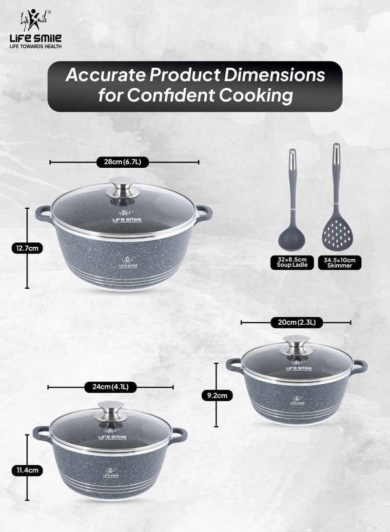 Life Smile 8-Pcs Granite Cookware Set – Non-stick Cookwares with Stainless Steel Rim, Oven-Safe Pots and Pans Set includes, Casseroles (20cm,24cm, 28cm) with Lid & 2 Silicone Kitchen Utensils (Soup Ladle, Skimmer) - Image 2