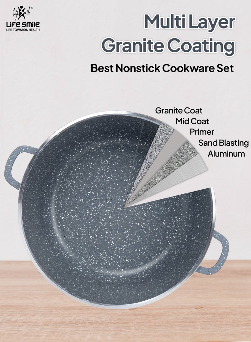 Life Smile 8-Pcs Granite Cookware Set – Non-stick Cookwares with Stainless Steel Rim, Oven-Safe Pots and Pans Set includes, Casseroles (20cm,24cm, 28cm) with Lid & 2 Silicone Kitchen Utensils (Soup Ladle, Skimmer) - Image 3