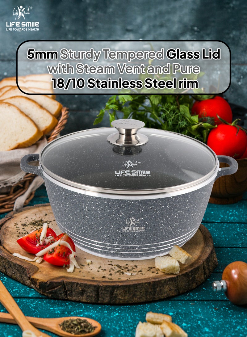 Life Smile 8-Pcs Granite Cookware Set – Non-stick Cookwares with Stainless Steel Rim, Oven-Safe Pots and Pans Set includes, Casseroles (20cm,24cm, 28cm) with Lid & 2 Silicone Kitchen Utensils (Soup Ladle, Skimmer) - Image 4