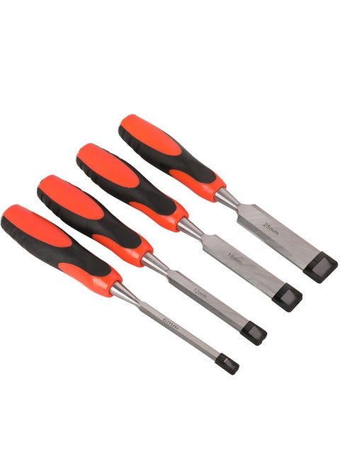 Chisel Set - 4-Piece - Wood Carving and Woodworking Hand Tools with Different Sizes and Ergonomic Handles – Ideal for Carpentry, Furniture Repair, Joinery, Sculpture, and DIY Projects
