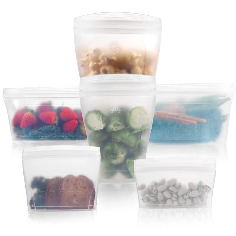 Xomoo Reusable food container silicone bag, Full Set 6, 2 Cups, 2 Dishes, 2 Bags Zip Containers Storage, 100% Silicone Reusable Food Bag, Stand Up Preservation Bag, Rounded interior for easy cleaning. - Image 1