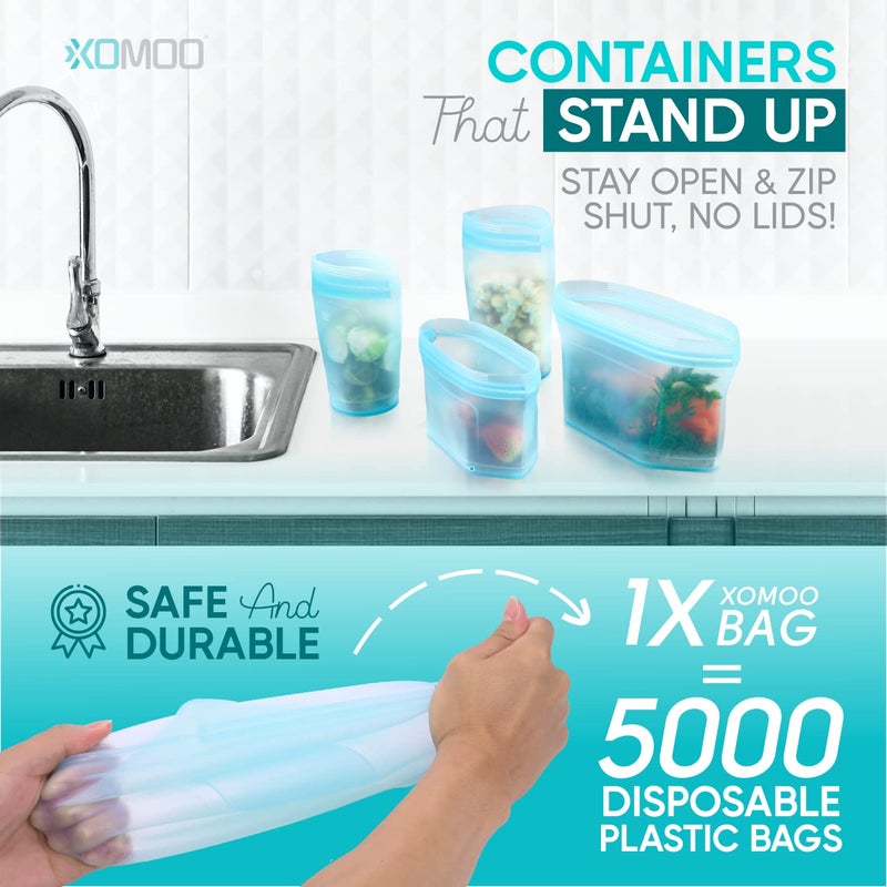 Xomoo Reusable food container silicone bag, Full Set 6, 2 Cups, 2 Dishes, 2 Bags Zip Containers Storage, 100% Silicone Reusable Food Bag, Stand Up Preservation Bag, Rounded interior for easy cleaning. - Image 3