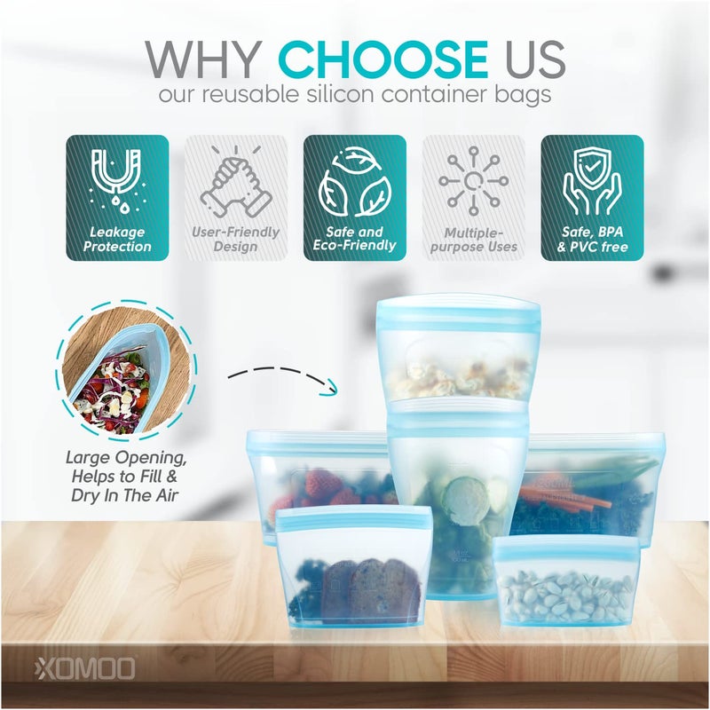 Xomoo Reusable food container silicone bag, Full Set 6, 2 Cups, 2 Dishes, 2 Bags Zip Containers Storage, 100% Silicone Reusable Food Bag, Stand Up Preservation Bag, Rounded interior for easy cleaning. - Image 4