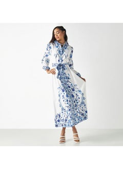 2Xtremz 2Xtremz All-Over Floral Print Shirt Dress with Tie-Up Belt and Long Sleeves  - Image 3