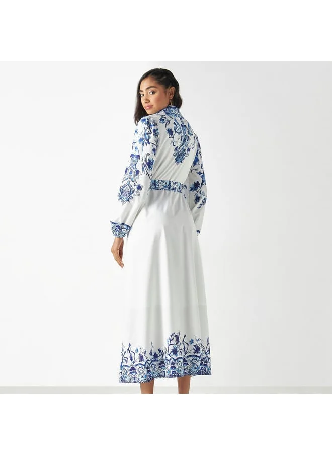 2Xtremz 2Xtremz All-Over Floral Print Shirt Dress with Tie-Up Belt and Long Sleeves