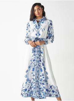 2Xtremz 2Xtremz All-Over Floral Print Shirt Dress with Tie-Up Belt and Long Sleeves  - Image 1