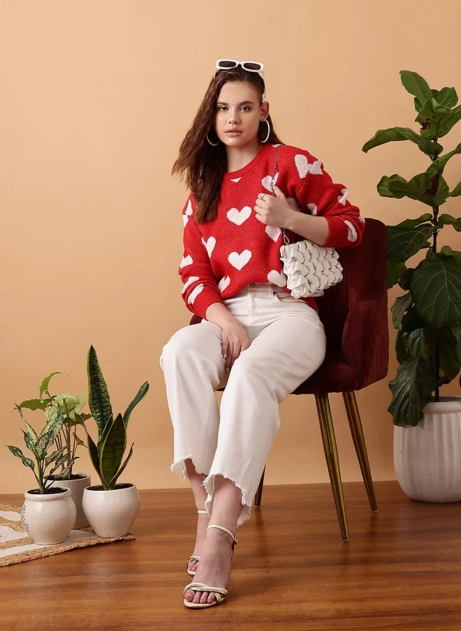 STREET 9 Red Heart Print Pullover Sweater for Women