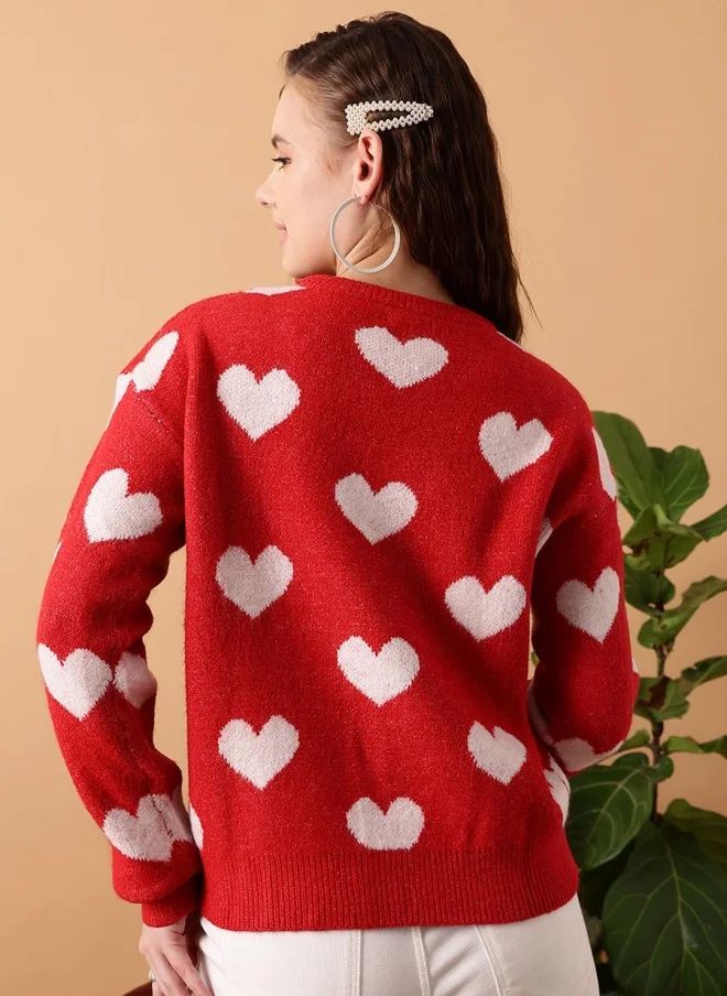 STREET 9 Red Heart Print Pullover Sweater for Women