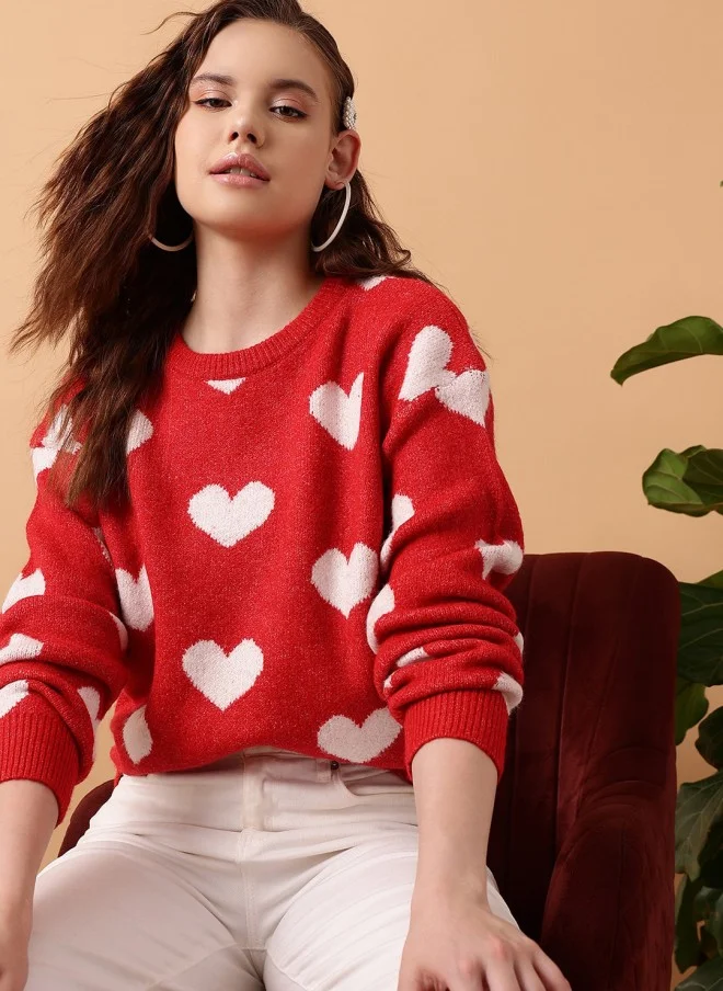 STREET 9 Red Heart Print Pullover Sweater for Women