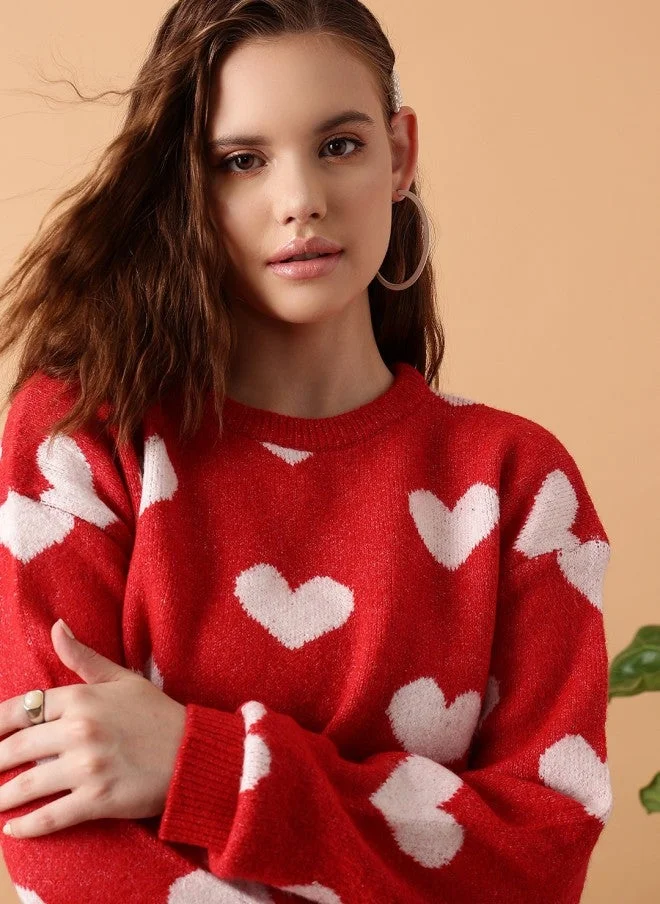 Red Heart Print Pullover Sweater for Women