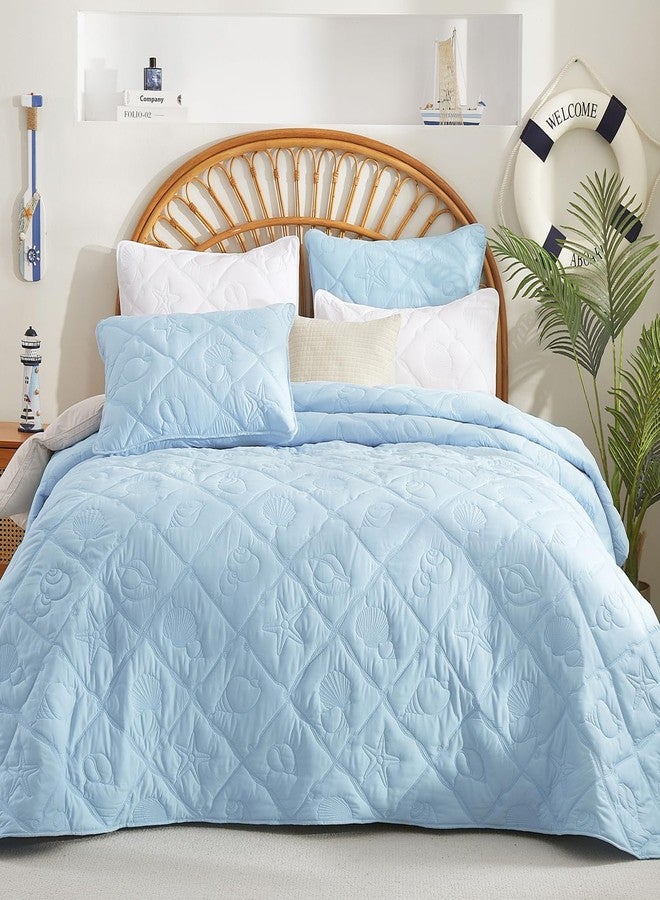 EVENHUG Coastal Quilt Sets King Size Summer Soft Lightweight Beach Bedding Set with Pillow Shams Nautical Bedspread Coverlet for All Season (Blue 102''x92'') - Image 1