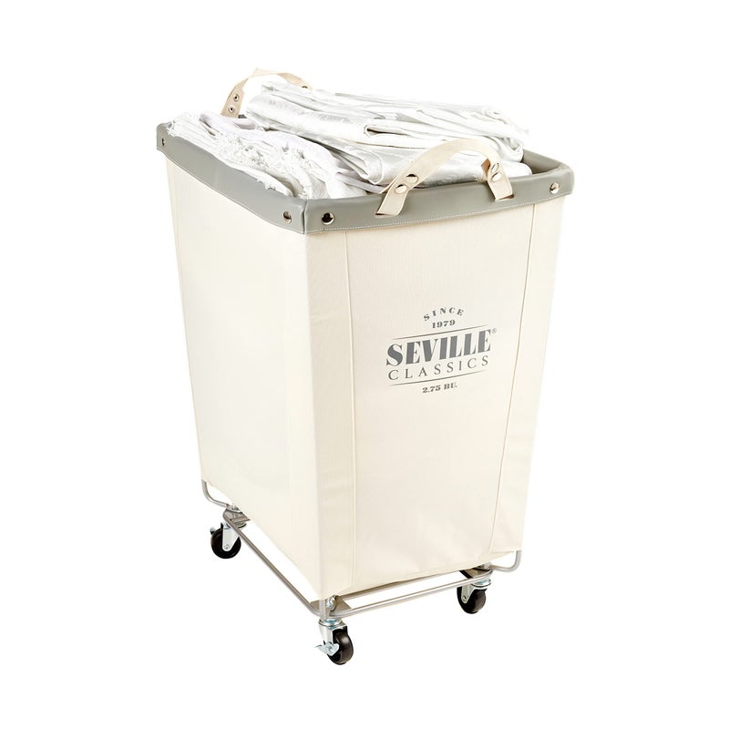 Seville Classics Large Commercial Heavy Duty Rolling Steel Frame Laundry Hamper Canvas Cart Bin, w/Wheels for Hotel, Home, Closet, Bedroom (PATENTED), Cream, 22" D x 16" W - Image 1