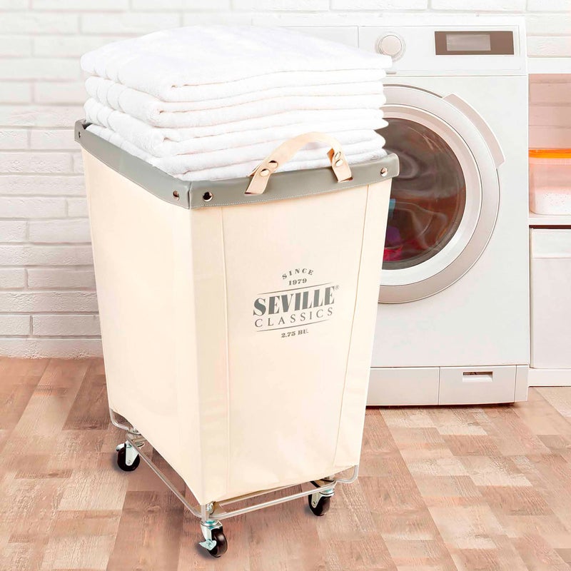 Seville Classics Large Commercial Heavy Duty Rolling Steel Frame Laundry Hamper Canvas Cart Bin, w/Wheels for Hotel, Home, Closet, Bedroom (PATENTED), Cream, 22" D x 16" W - Image 5