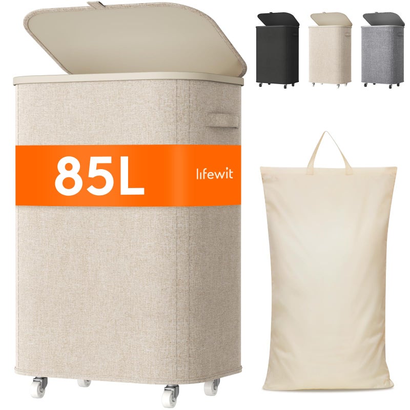 Lifewit 85L Plastic Laundry Basket with Lid, Large Clothes Hamper with Wheels and Removable Bag, Tall Collapsible Rolling Storage Bin for Dorm Bedroom Bathroom, Beige - Image 1