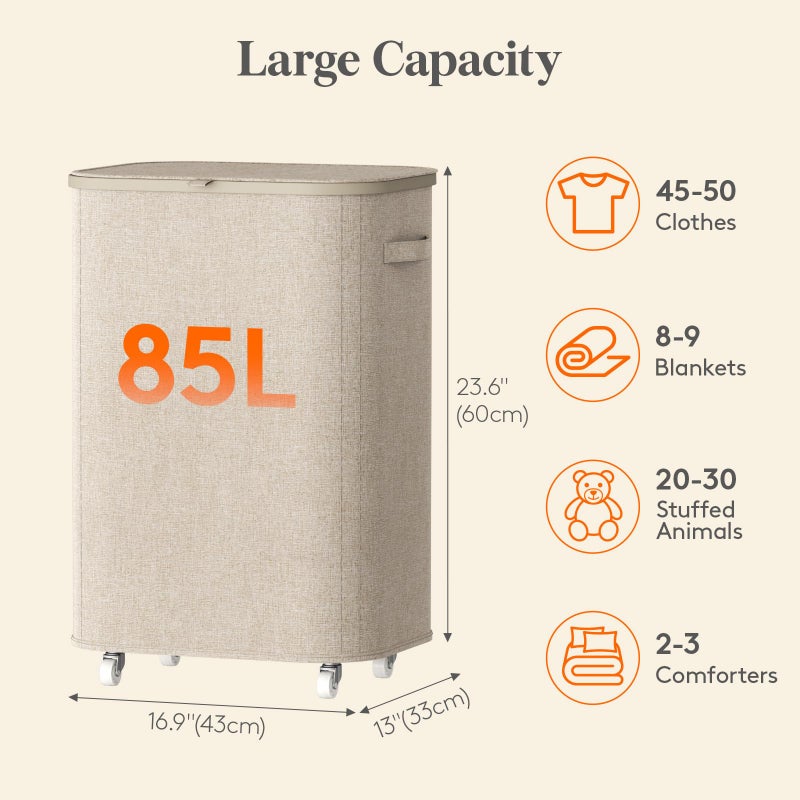 Lifewit 85L Plastic Laundry Basket with Lid, Large Clothes Hamper with Wheels and Removable Bag, Tall Collapsible Rolling Storage Bin for Dorm Bedroom Bathroom, Beige - Image 4