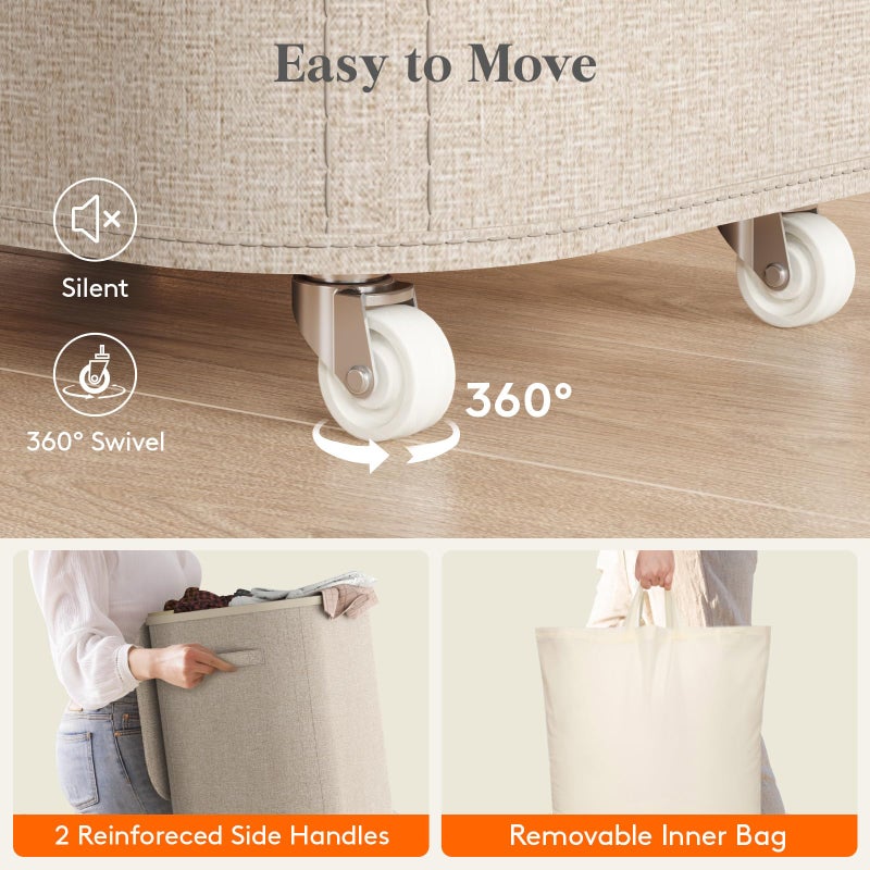 Lifewit 85L Plastic Laundry Basket with Lid, Large Clothes Hamper with Wheels and Removable Bag, Tall Collapsible Rolling Storage Bin for Dorm Bedroom Bathroom, Beige - Image 2