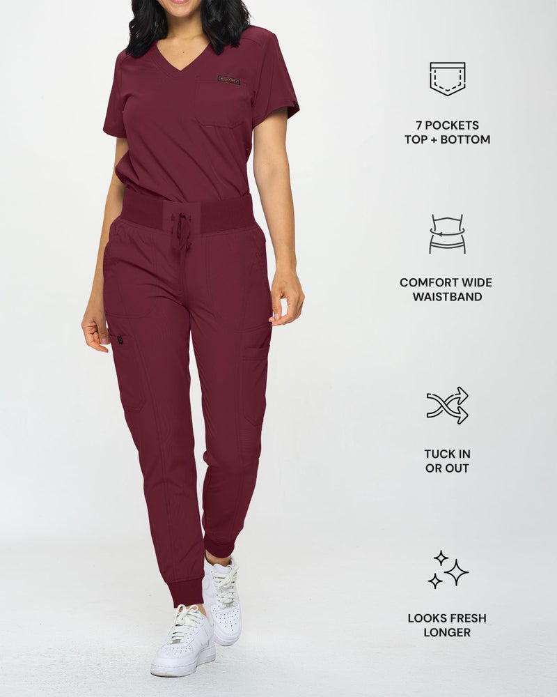 Monarch Uniforms Slim Fit Stretchy Scrubs Women's Jogger Scrub Set Slim Jogger Scrubs with Tuck-In Top for Women (BURGUNDY-L) - Image 3