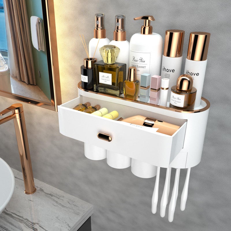 iHave Toothbrush Holders for Bathrooms, 3 Cups Toothbrush Holder Wall Mounted with Large Capacity Drawer and Tray - Bathroom Organizer & Bathroom Organization and Storage - Image 1
