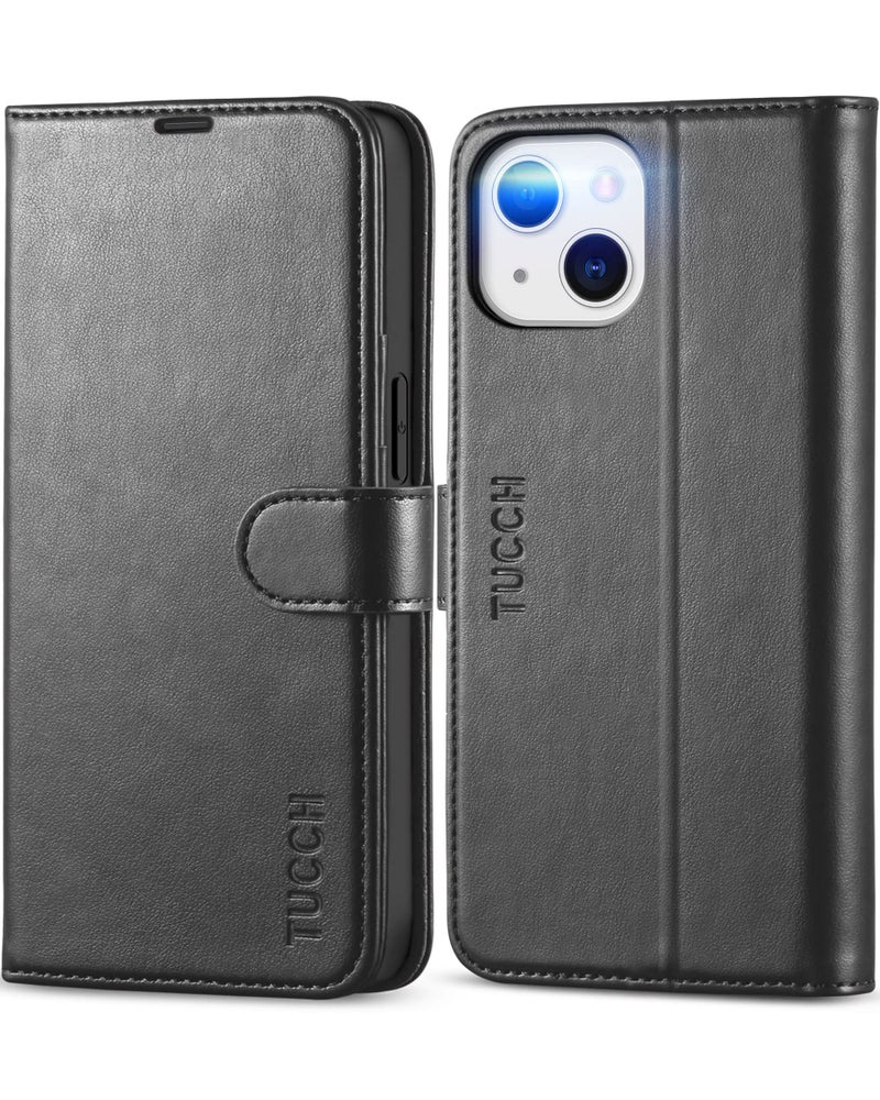 TUCCH Case Wallet for iPhone 13 (6.1") 2021, RFID Blocking 3 Card Holder Kickstand PU Leather Flip Folio, [Shockproof TPU Inner Shell] Phone Cover, Black - Image 1