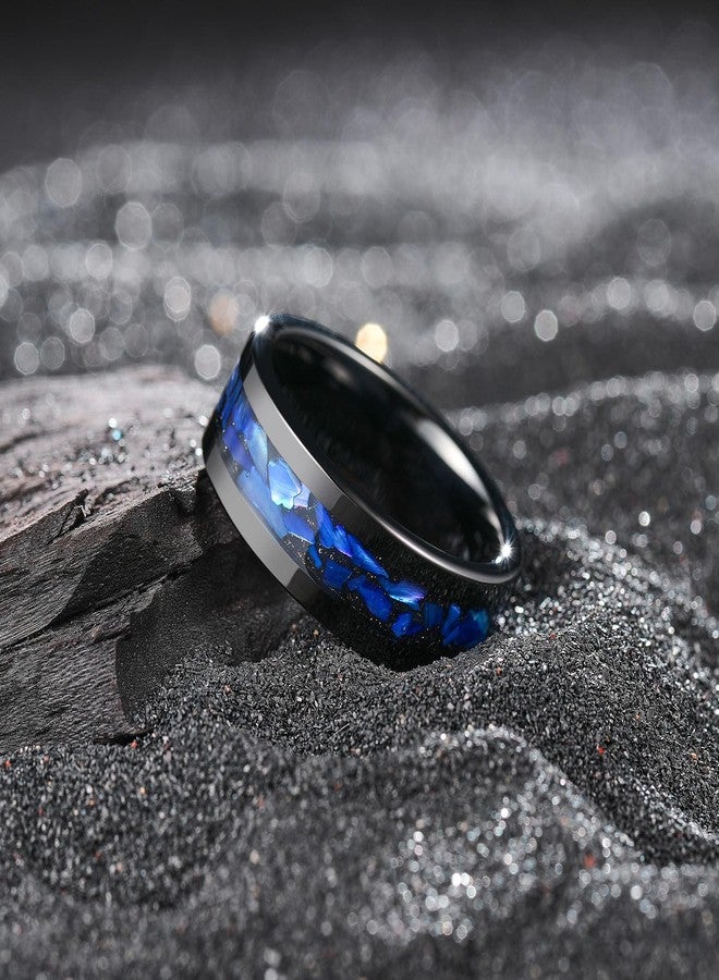 King Will Black Tungsten Wedding Band for Men Women -8mm Flat Polished Edge Ring with Large Blue Shell Inlay, Men's Tungsten Carbide Wedding Ring Comfort Fit Size 9 - Image 3