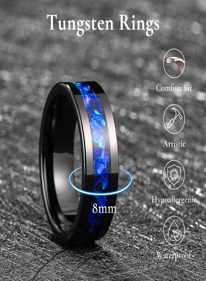 King Will Black Tungsten Wedding Band for Men Women -8mm Flat Polished Edge Ring with Large Blue Shell Inlay, Men's Tungsten Carbide Wedding Ring Comfort Fit Size 9 - Image 2