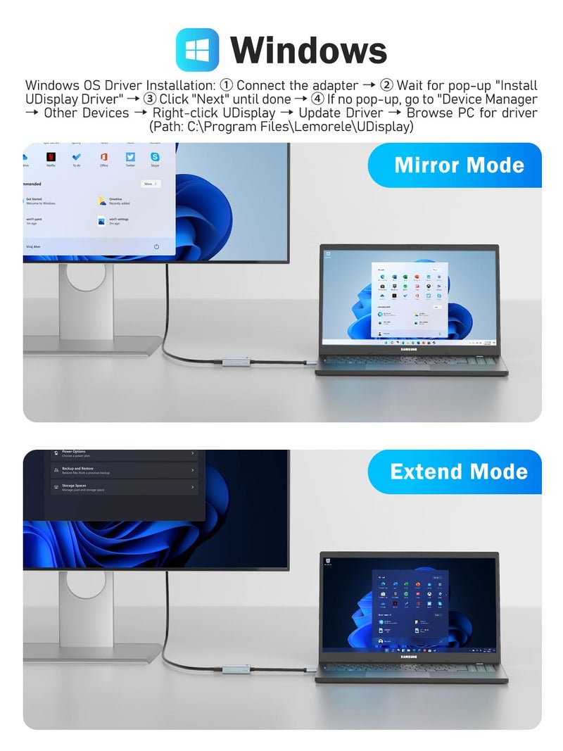 Lemorele USB to HDMI Adapter (MacBook Air/Pro/Windows PC only), 1080P@60Hz USB to HDMI Converter, Mirror Expansion Mode Support, Compatible with Windows 7, 8, 10 and MacOS 10.15+ - Image 2