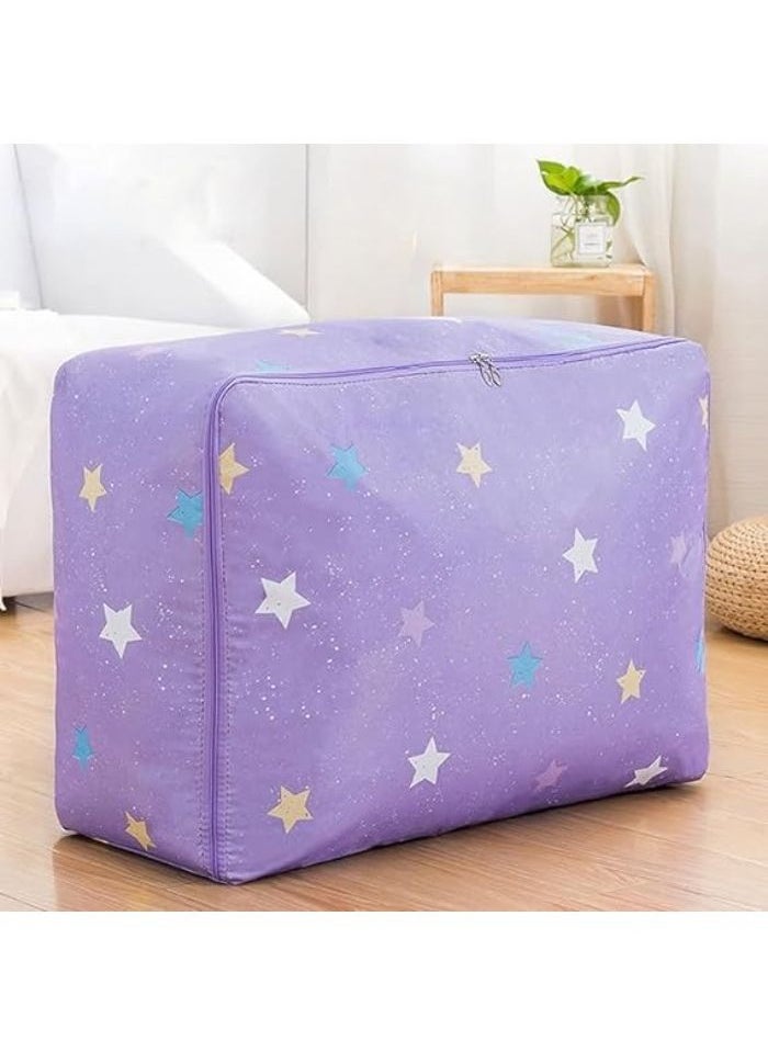 Generic Large Portable Waterproof Storage Bag with Zippers, Heavy Duty Thick Oxford Fabric Organizer Bag Perfect for Sleeping Bags, Comforters, Blankets and Festive Decorations (68x49x23cm) (Stars (Purple))  - Image 1