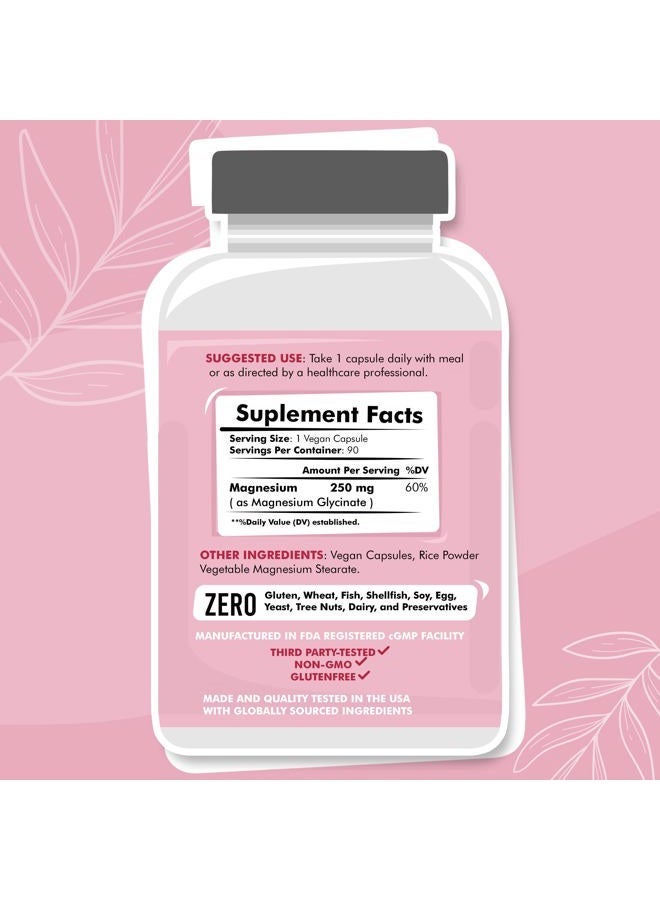 American Standard Supplements مغنيسيوم جليسينات للنساء، 250 ملغ عنصر لكل كبسولة، 90 يوم إمداد، مخلّب، مكمل، أقصى امتصاص مخلّب - Image 5