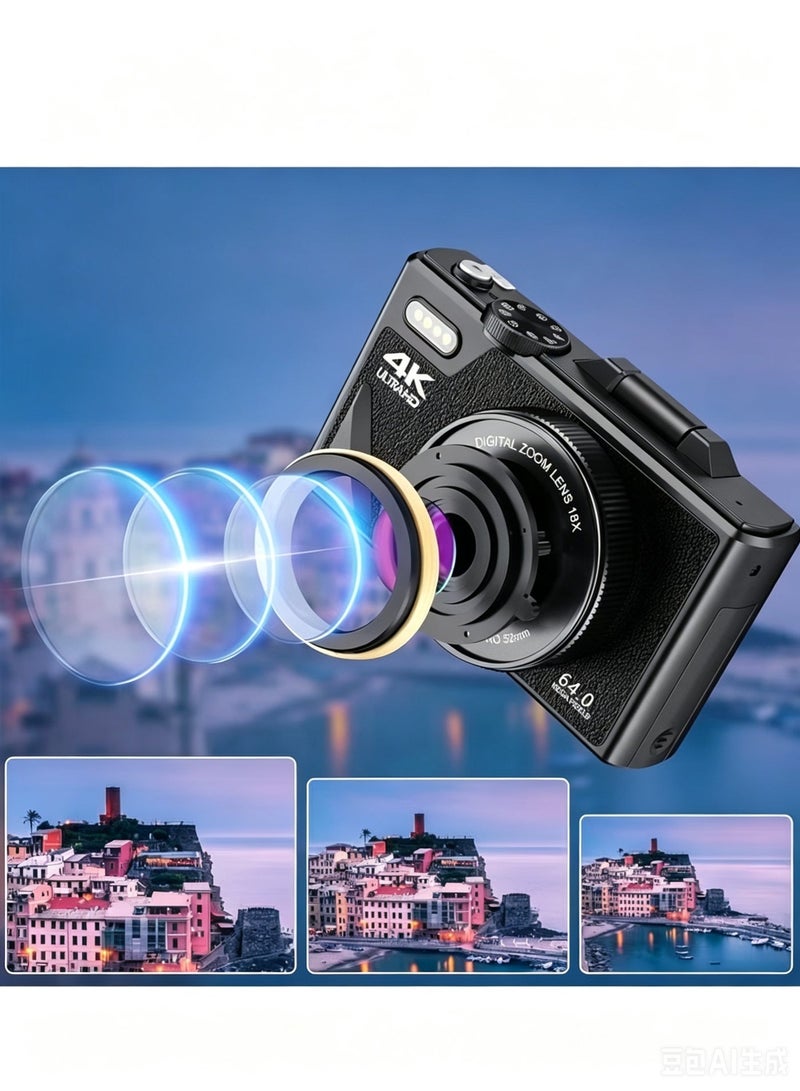 ZONBON 4K Digital Camera, 64MP Camera Digital 18X Digital Zoom, Cameras Digital with 64GB SD, Portable Camera with Webcam Function, Auto Focus Vedio Camera with 3in Flip Screen, Vlogging Camera for Travel, Digital camera as a gift - Image 2