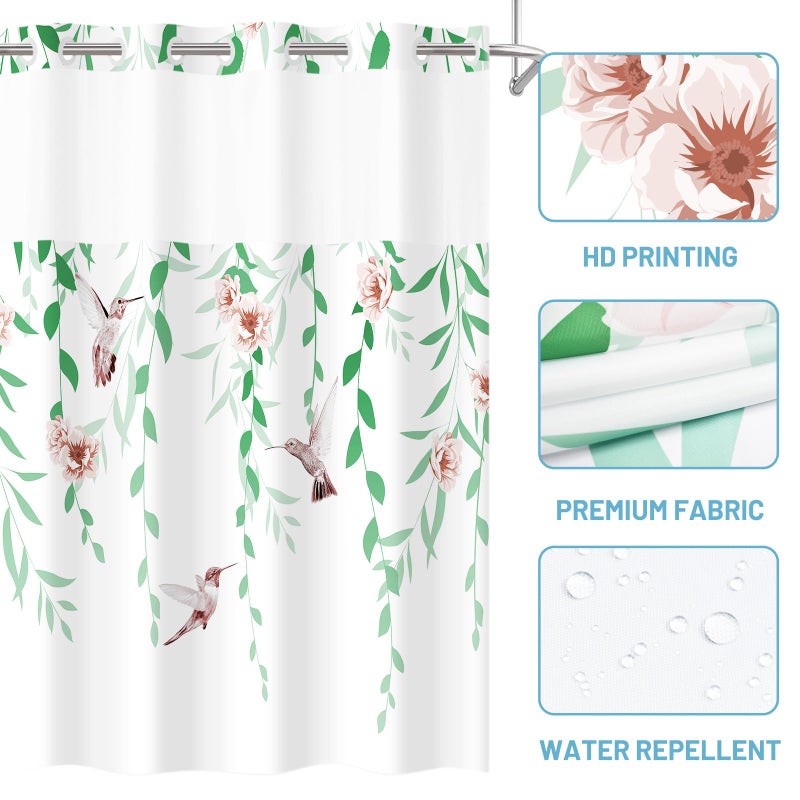 WITHLOC No Hook Shower Curtain with Snap in Liner - Fabric Waterproof Inner Liner, Plants Green Floral Pink Nature Birds Cloth Shower Curtains Washable, 71 x 74 Inch - Image 4