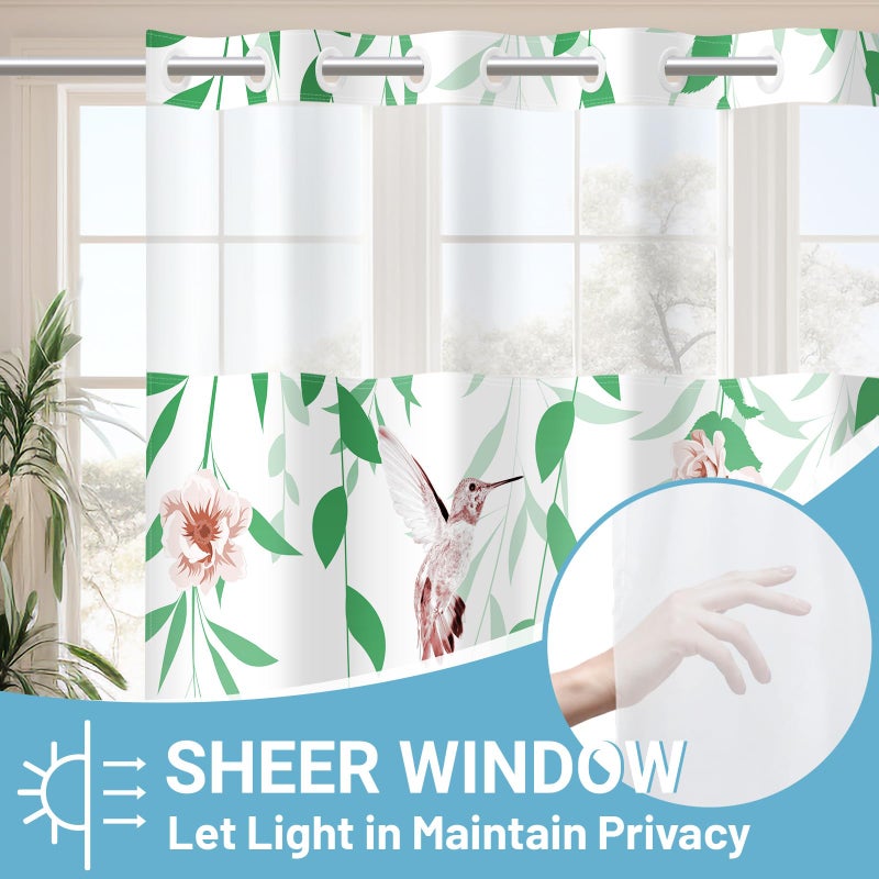 WITHLOC No Hook Shower Curtain with Snap in Liner - Fabric Waterproof Inner Liner, Plants Green Floral Pink Nature Birds Cloth Shower Curtains Washable, 71 x 74 Inch - Image 2