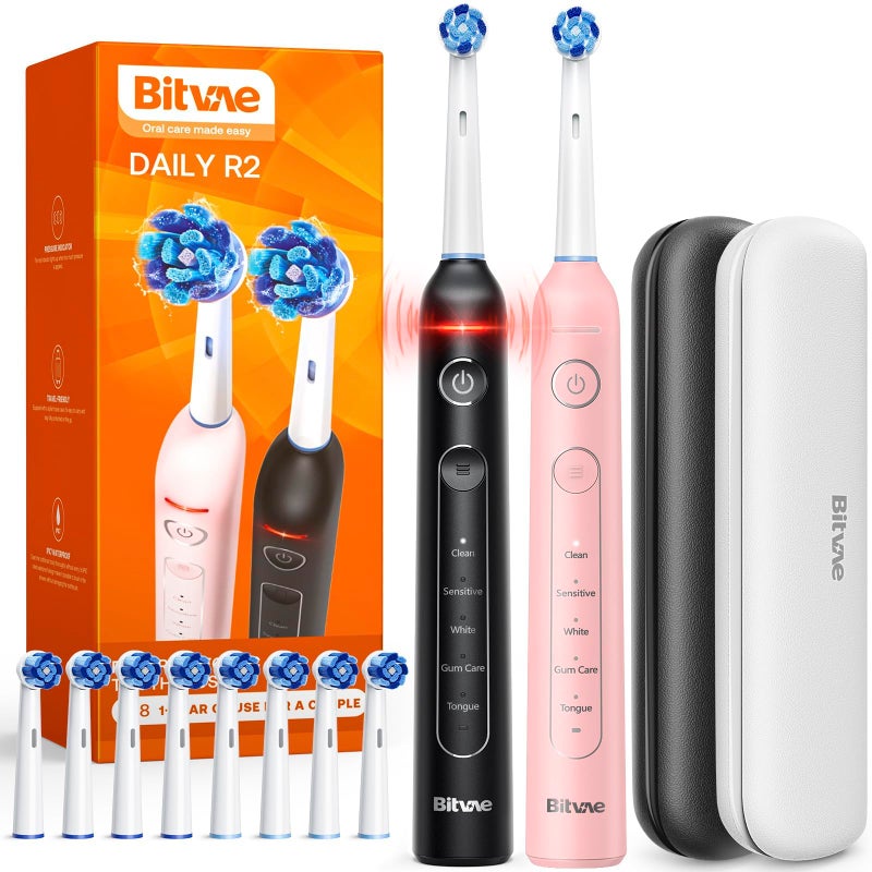 Bitvae Rotating Electric Toothbrush 2 Packs for Adults with Pressure Sensor Gifts for MenWomen 5 Modes Rechargeable Power Toothbrush with 8 Brush Heads Black Pink R2