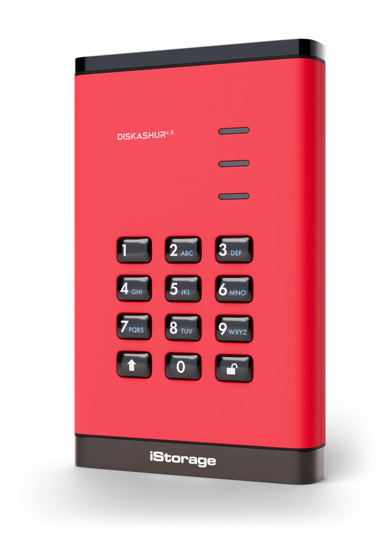 iStorage diskAshur3 HDD 2TB Red - Secure portable hard drive - Password protected - Dust & water resistant - Hardware Encryption - Image 1
