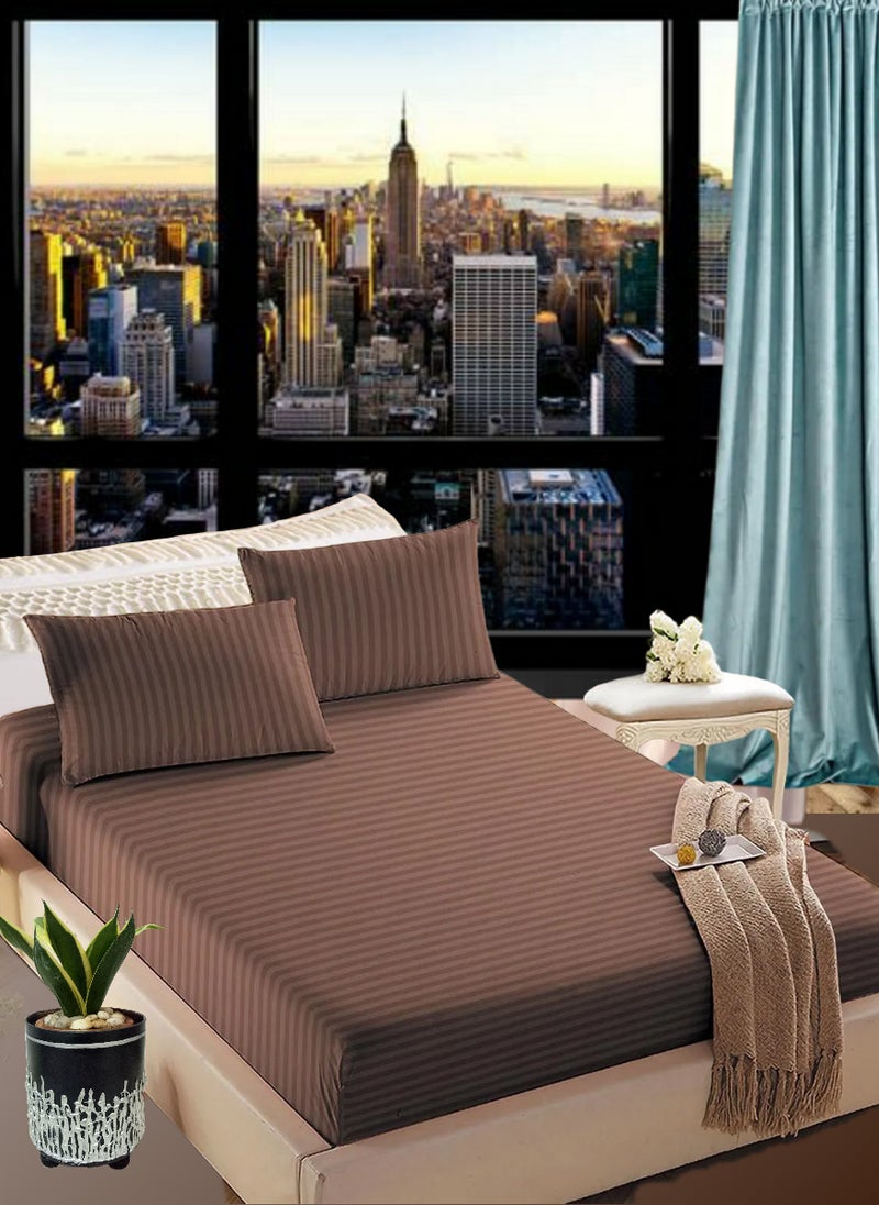 Blueberry Pastel Brown Single Size Stripe Deep Pocket Bed Sheet Set Cotton 120x200+15cm - Image 1