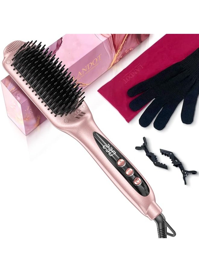 LANDOT Hair Straightener Brush Heated Straightening Brush: Rose Gold Negative Ion Hot Hair Brush for Smooth Frizz Free Hair - Ceramic Flat Iron Brush - Dual Voltage Fast Heating - Image 1