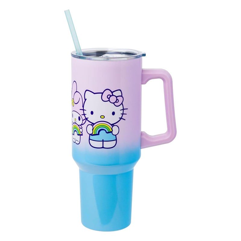 Silver Buffalo Sanrio Hello Kitty and Friends Featuring My Melody, Kuromi, and Pompompurin Rainbow Ombre Stainless Steel Tumbler with Handle and Straw, Fits in Standard Cup Holder, 40 Ounces - Image 1