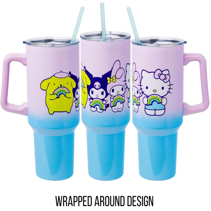 Silver Buffalo Sanrio Hello Kitty and Friends Featuring My Melody, Kuromi, and Pompompurin Rainbow Ombre Stainless Steel Tumbler with Handle and Straw, Fits in Standard Cup Holder, 40 Ounces - Image 3