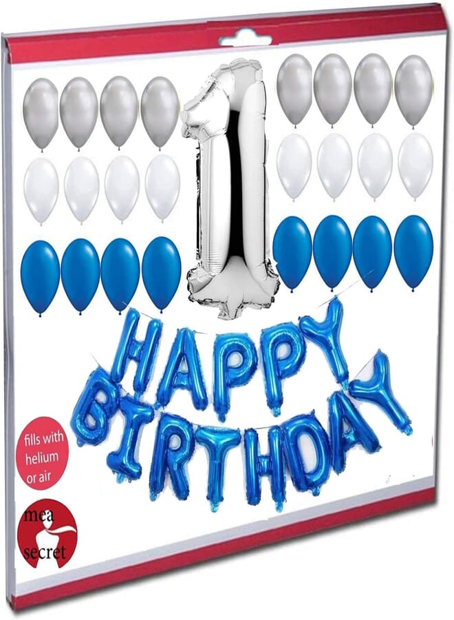 secret First Birthday Party Set Decorations - 24 Pcs Balloons, BLUE Happy Birthday Banner & Number 1