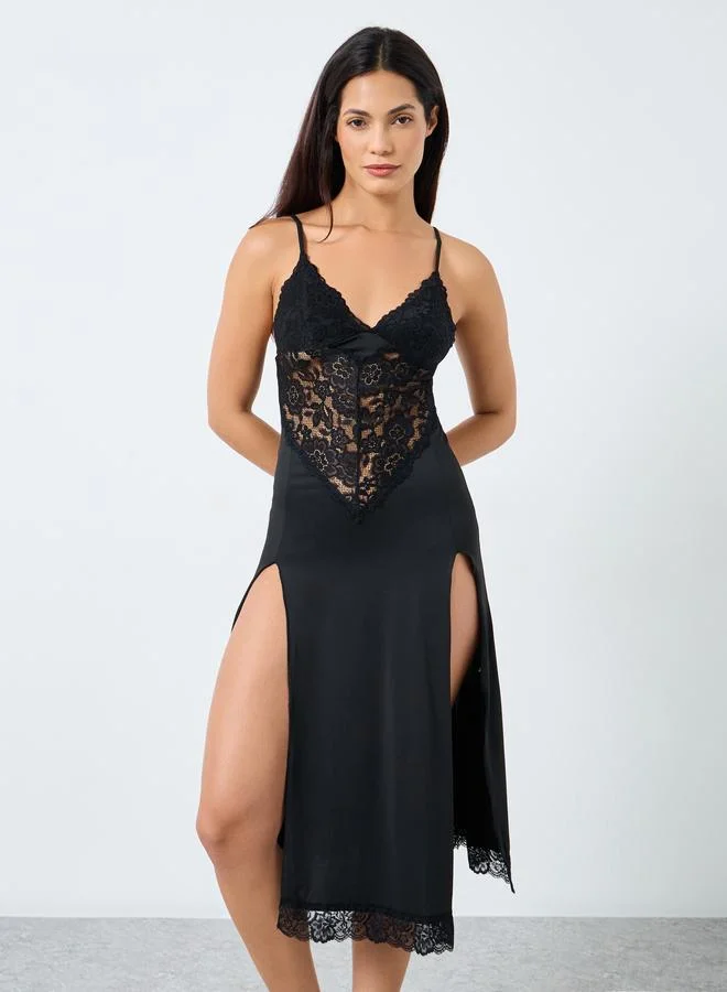 Take Two Take Two Lace Panel Cami Slip Dress with Double Slit