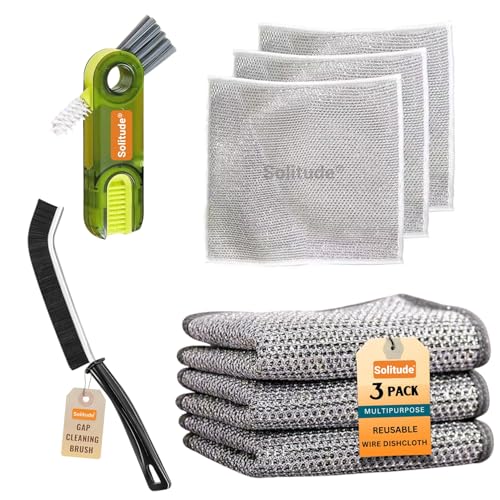 Solitude 5X Combo 3 Non-Scratch Wire Dishcloth, 1 Mini Gap Cleaning Brush & 1 3-in-1 Cup Lid Gap Cleaning Brush, Multipurpose Wire Dishwashing Rag for Wet and Dry, Easy Rinsing, Reusable for Kitchen - Image 1