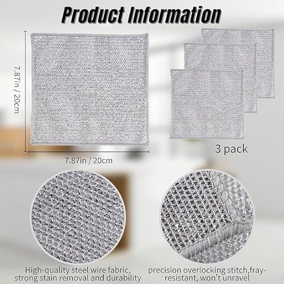 Solitude 5X Combo 3 Non-Scratch Wire Dishcloth, 1 Mini Gap Cleaning Brush & 1 3-in-1 Cup Lid Gap Cleaning Brush, Multipurpose Wire Dishwashing Rag for Wet and Dry, Easy Rinsing, Reusable for Kitchen - Image 5