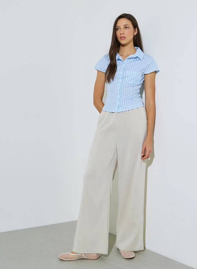 Styli Blue Striped Short Sleeve Shirt with Tie-Waist