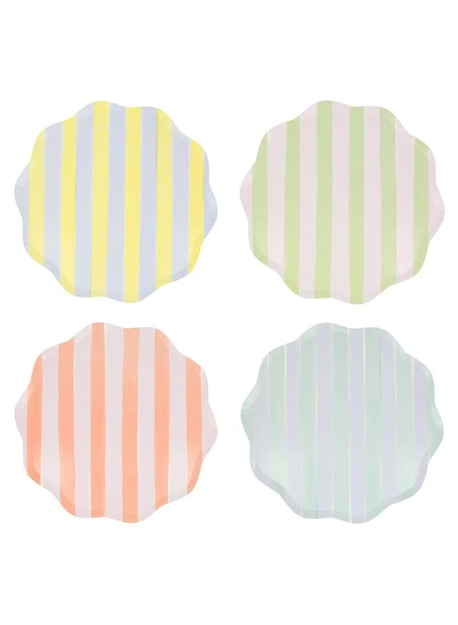 Pastel Stripe Dinner Plates - Pack of 8, 450gsm Paper Plates with 4 Colorways and Wavy Edges, Pastel Party Tableware for Garden Parties, Picnics, Baby Showers & Celebrations