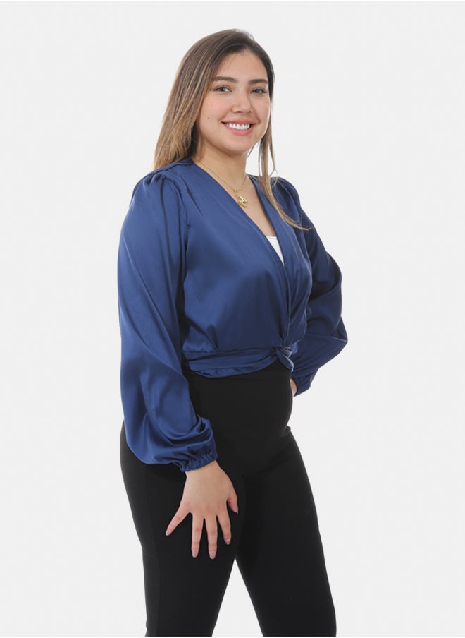 Satin Crop Blouse - blue