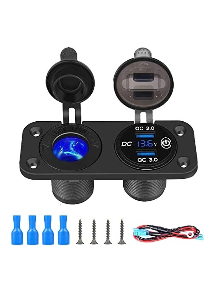 erorex QC 3.0 Car USB for Charger, Socket Cigarette Lighter Socket 12V/24V Power Outlet with LED Digital Voltmeter and Touch Switch for Car Boat Marine(Black) - Image 1