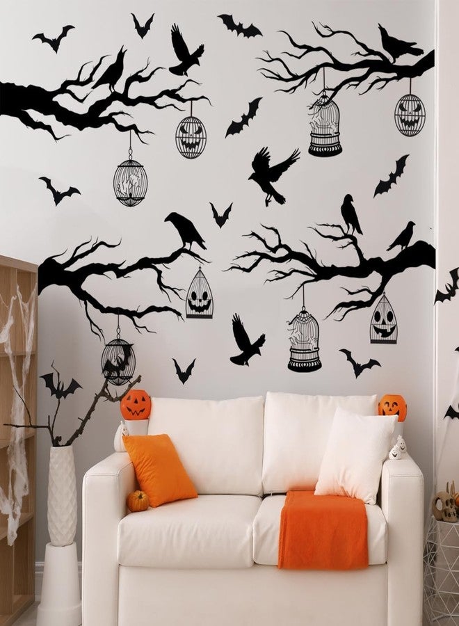 Demonwer Halloween Wall Decals Black Tree Branches Bat Wall Stickers Large Removable Halloween Wall Clings Decor DIY Art for Home Wall Window Door - Image 1