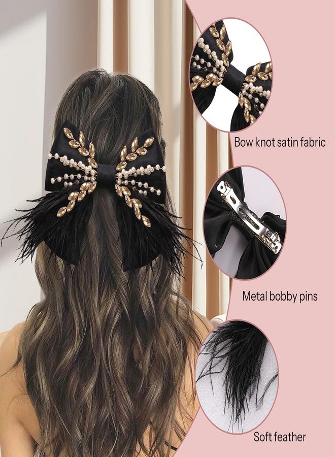 CROWN GUIDE Large Hair Bows Clips for Women Girls Silk Satin Hair Barrettes, Feather Coquette Bows Hair Ties Ribbon Bow Claw Clip Hair Accessories with Pearl Crystal Black - Image 4