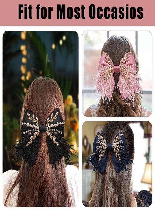 CROWN GUIDE Large Hair Bows Clips for Women Girls Silk Satin Hair Barrettes, Feather Coquette Bows Hair Ties Ribbon Bow Claw Clip Hair Accessories with Pearl Crystal Black - Image 3