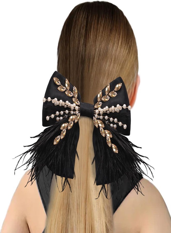 CROWN GUIDE Large Hair Bows Clips for Women Girls Silk Satin Hair Barrettes, Feather Coquette Bows Hair Ties Ribbon Bow Claw Clip Hair Accessories with Pearl Crystal Black - Image 5